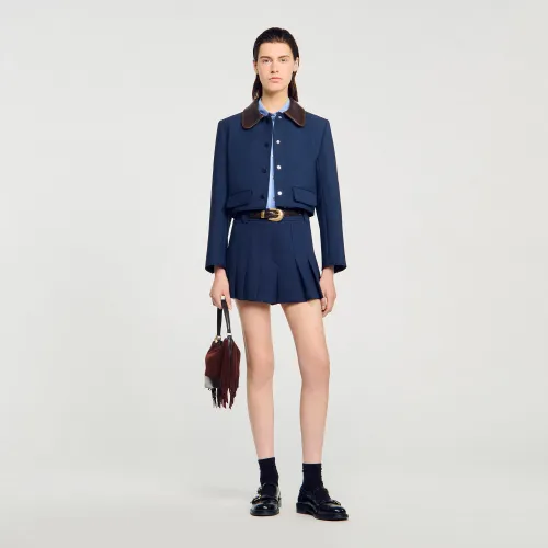 Veste courte à col en cuir - Sandro Paris - Modalova