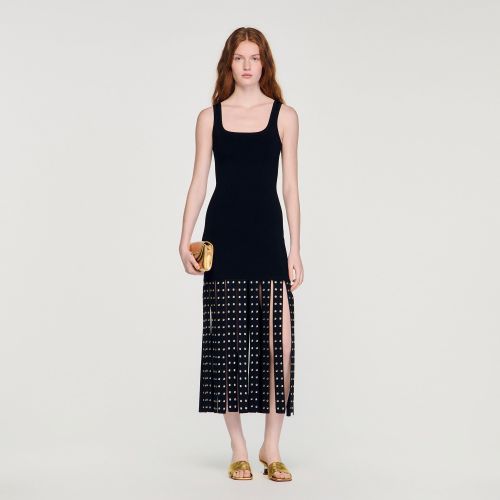 Robe longue en maille à franges - Sandro Paris - Modalova