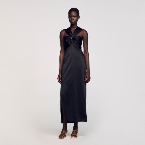 Robe longue satinée fendue - Sandro Paris - Modalova