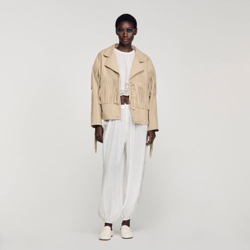 Blouson cuir suède à franges - Sandro Paris - Modalova