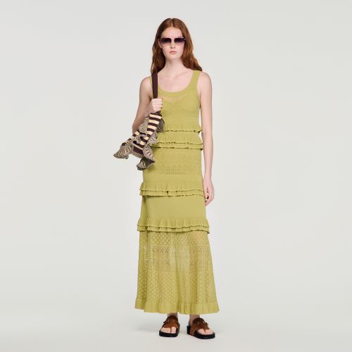 Robe longue en maille à volants - Sandro Paris - Modalova