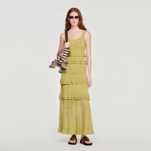 Robe longue en maille à volants - Sandro Paris - Modalova