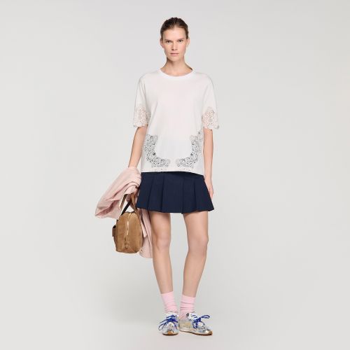 T-shirt en coton à détails dentelle - Sandro Paris - Modalova