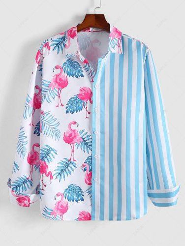 Stripes Flamingo Print Two Tone Hawaiian Shirt - Zaful - Modalova