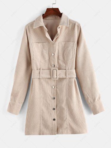 Button Up Belted Corduroy Long Jacket - Zaful - Modalova