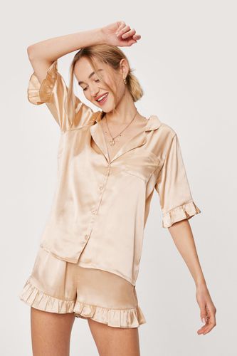 Satin Ruffle Pajama Shirt And Shorts Set - S - Nasty Gal - Modalova