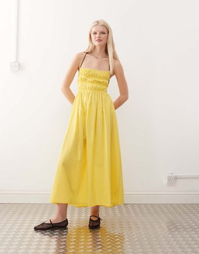 Robe longue fronce et raye  fines bretelles - Jaune - Collusion - Modalova