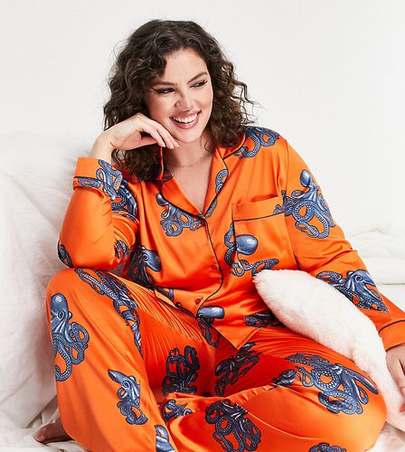 Curve - Ensemble pyjama avec top à revers et pantalon en satin de qualité supérieure - à imprimé pieuvre - Chelsea Peers - Modalova