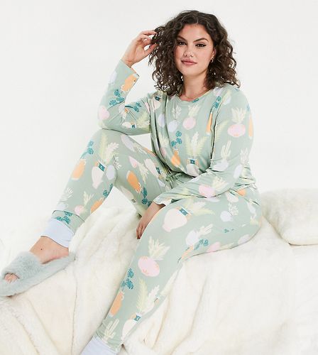 Curve - Pyjama avec haut à manches longues et pantalon de jogging à imprimé plantes - sauge - LGREEN - Chelsea Peers - Modalova