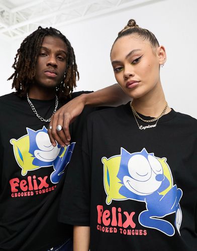 X Felix Le Chat - T-shirt oversize unisexe à imprimé graphique au dos - Noir - Crooked Tongues - Modalova