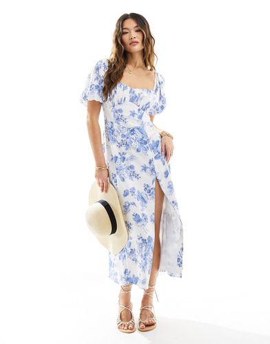 Robe mi-longue à fleurs avec corsage froncé et manches bouffantes - Abercrombie & Fitch - Modalova