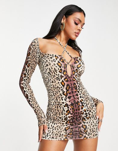 Robe courte à manches longues et découpes avec imprimé léopard - Afrm - Modalova