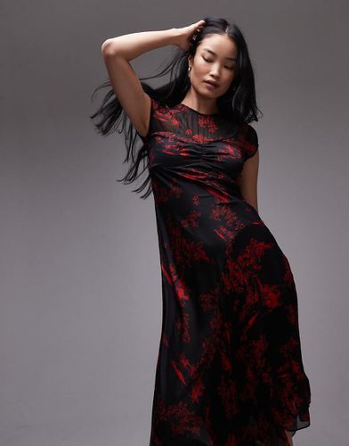 Tasha - Robe longue en satin et tulle à imprimé - Noir - Allsaints - Modalova