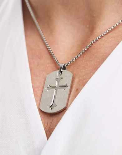 Collier en acier inoxydable imperméable avec pendentif plaque en métal brossé à détail croix - Asos Design - Modalova