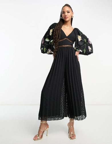 Combinaison large plissée à manches volumineuses et broderies - Noir - Asos Design - Modalova