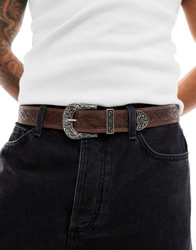 Ceinture en cuir embossé avec boucle western - Marron - Asos Design - Modalova