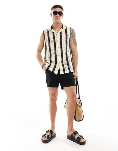 Chemise sans manches décontractée en maille au crochet rayée avec col à revers - Noir et blanc - Asos Design - Modalova