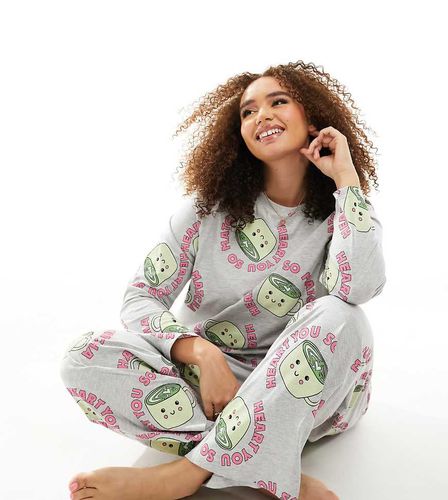 ASOS DESIGN Curve - Pyjama à imprimé matcha avec top manches longues et pantalon - chiné - Asos Curve - Modalova