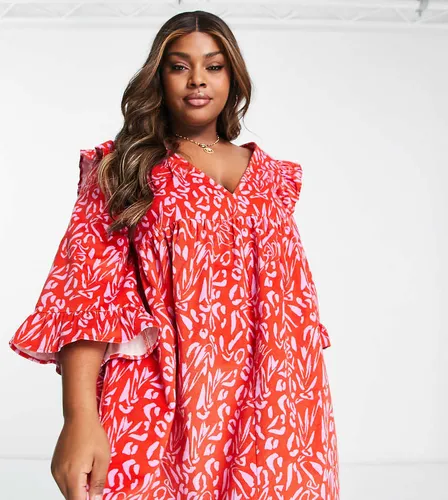 ASOS DESIGN Curve - Robe babydoll courte en velours côtelé avec volants aux épaules et imprimé abstrait - Rouge - Asos Curve - Modalova