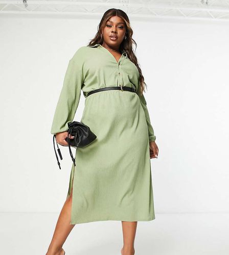 ASOS DESIGN Curve - Robe chemise mi-longue à manches longues avec ceinture - Kaki - Asos Curve - Modalova