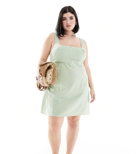 ASOS DESIGN Curve - Robe courte d'été en lin à encolure carrée et lien à nouer au dos - Vert sauge - Asos Curve - Modalova