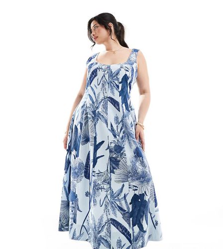 ASOS DESIGN Curve - Robe d'été longue style tennis à surpiqûres et imprimé tropical - Bleu - Asos Curve - Modalova