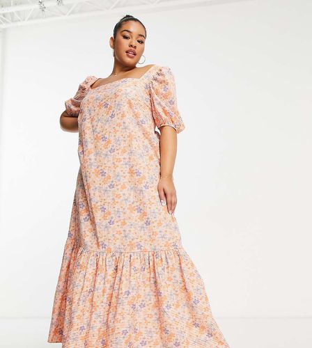 ASOS DESIGN Curve - Robe longue à carreaux vichy et imprimé fleuri avec encolure carrée et lanières croisées dans le dos - Orange - Asos Curve - Modalova