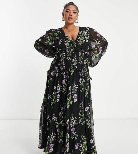 ASOS DESIGN Curve - Robe longue boutonnée effet plissé à fleurs - Noir - Asos Curve - Modalova