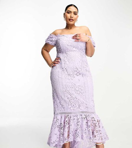 ASOS DESIGN Curve - Robe longue en dentelle à encolure Bardot et ourlet volanté avec découpes - Lilas - Asos Curve - Modalova