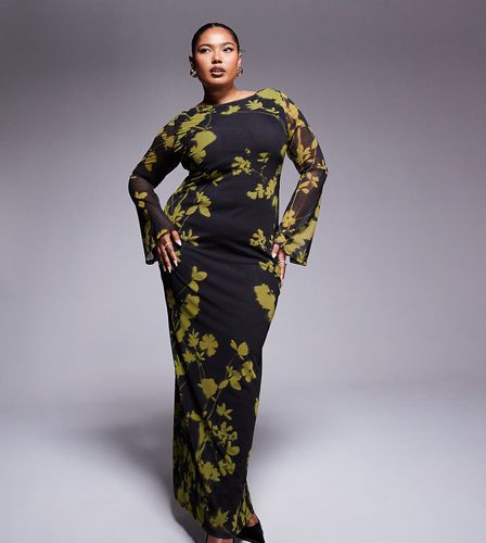 ASOS DESIGN Curve - Robe longue en tulle fleuri avec dos échancré et manches ange - Vert et noir - Asos Curve - Modalova