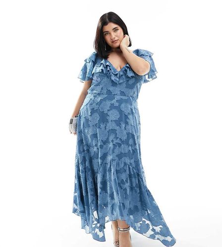 ASOS DESIGN Curve - Robe mi-longue en jacquard texturé avec col V devant et dos volanté, manches évasées et liens noués dans le dos - Asos Curve - Modalova