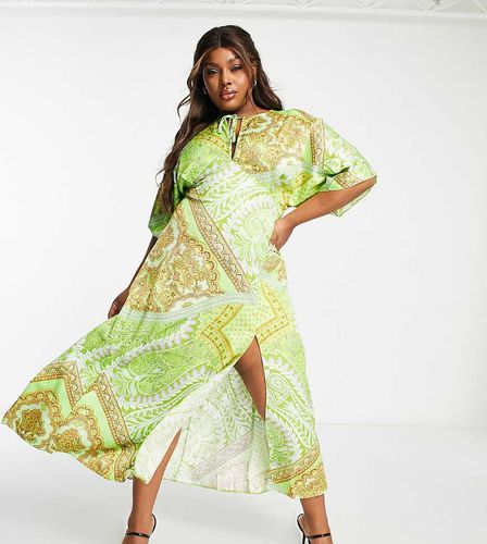 ASOS DESIGN Curve - Robe mi-longue en satin à empiècements avec fente goutte d'eau à imprimé foulard - Vert - Asos Curve - Modalova