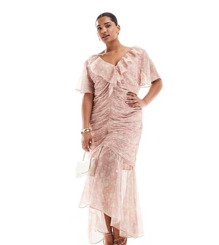 ASOS DESIGN Curve - Robe mi-longue froncée près du corps avec jeu de transparence sur le bas - Rose fleuri - Asos Curve - Modalova