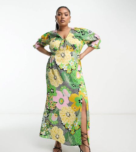 ASOS DESIGN Curve - Robe rétro mi-longue en satin imprimé fleuri avec manches froncées et lien noué à l'avant - Asos Curve - Modalova