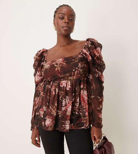 ASOS DESIGN Curve - Top manches longues en mousseline fluide à encolure carrée avec imprimé fleuri - Asos Curve - Modalova