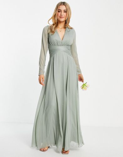 Demoiselle d'honneur - Robe longue à manches longues avec taille froncée et jupe plissée - Olive - Asos Design - Modalova