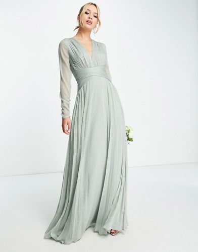 Demoiselle d'honneur - Robe longue à manches longues avec taille froncée et jupe plissée - Olive - Asos Design - Modalova