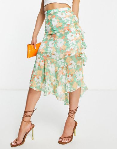 Jupe mi-longue à volants et imprimé floral abstrait - Vert et pêche - Asos Design - Modalova