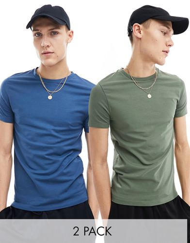 Lot de 2 t-shirts moulants - Vert foncé/bleu - Asos Design - Modalova