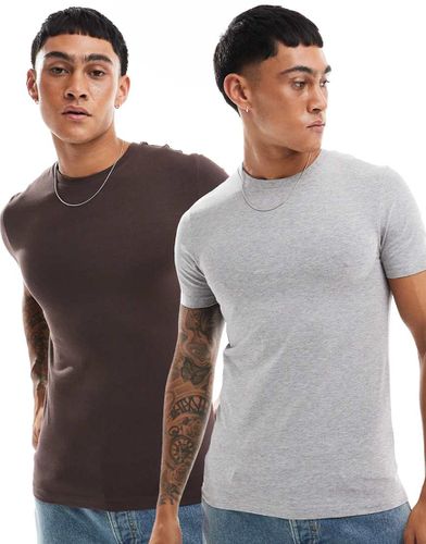 Lot de 2 t-shirts moulants - Gris chiné et marron - Asos Design - Modalova