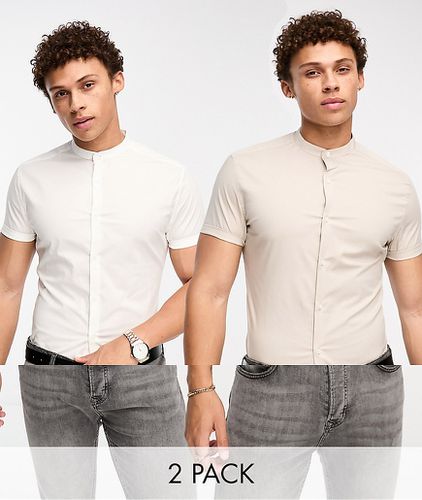 Lot de 2 chemises ajustées à col officier - Blanc/taupe - Asos Design - Modalova