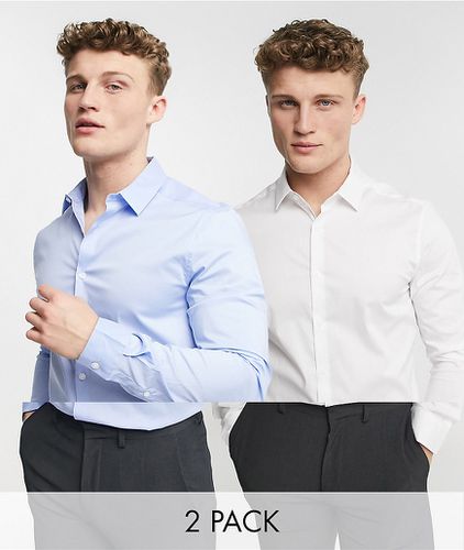 Lot de 2 chemises de travail coupe slim stretch - Blanc et bleu - Économie - Asos Design - Modalova