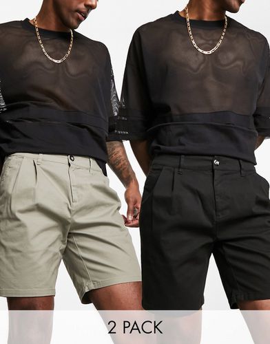 Lot de 2 shorts chino mi-longs plissés - Noir et kaki - Économie - Asos Design - Modalova
