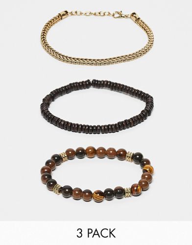 Lot de 3 bracelets à maillons et perles semi-précieuses - Marron - Asos Design - Modalova