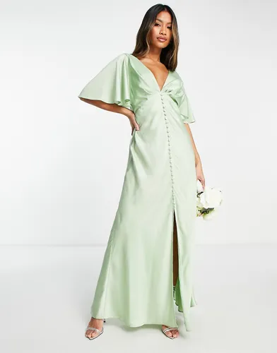 L'invitée - Robe longue boutonnée en tissu satiné à manches cape - Sauge - Asos Design - Modalova
