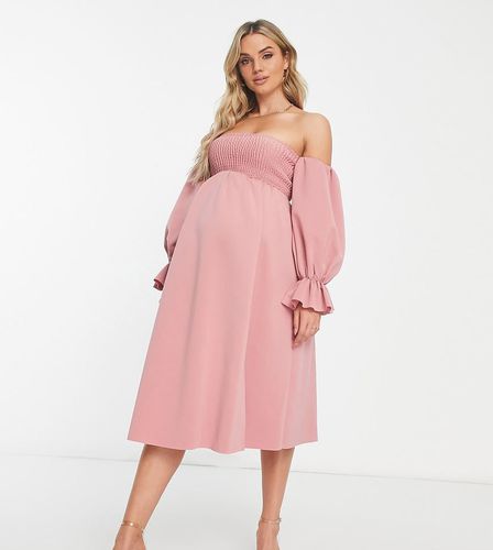 ASOS DESIGN Maternity - Robe froncée mi-longue à manches blousantes et encolure Bardot - Rose pâle - Asos Maternity - Modalova