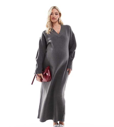 ASOS DESIGN Maternity - Robe longueur mollet en maille à col en V - Anthracite - Asos Maternity - Modalova