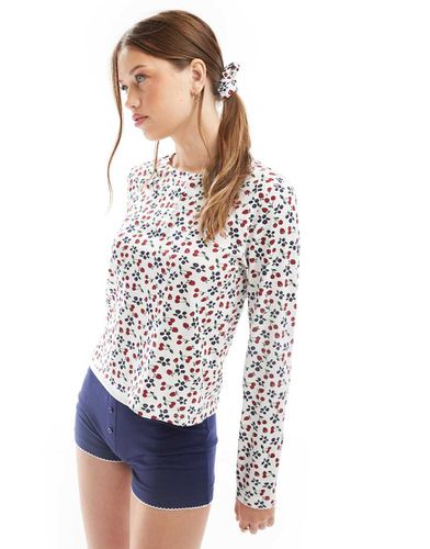 Mix & Match - Haut de pyjama à petites fleurs avec col boutonné et manches longues avec chouchou - Bordeaux - Asos Design - Modalova