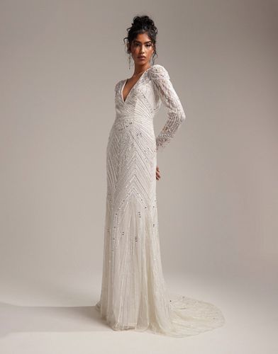 Millie - Robe de mariée longue à manches longues avec ornement vintage en perles et sequins - Ivoire - Asos Design - Modalova