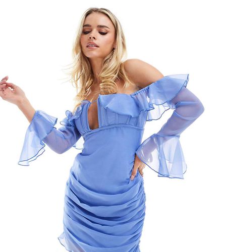 Petite - Robe courte à encolure Bardot et détail corset avec jupe froncée - Bleu - Asos Design - Modalova